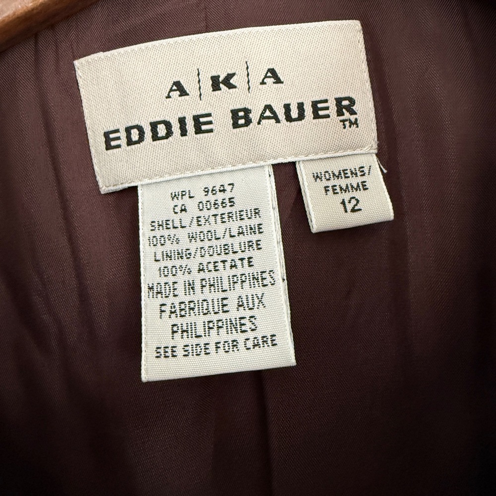 AKA Eddie Bauer Womens 12 Chocolate Brown 100% Wool 3-Button Longline Blazer 90s - Picture 2 of 14